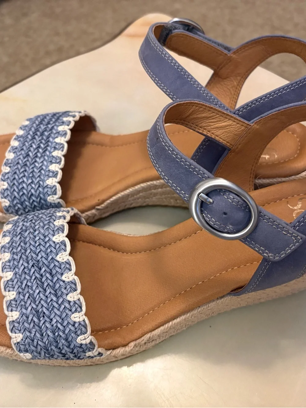Sofft Inez Blue/White Leather Espadrille Wedge Strap Sandals Womens Sz 11